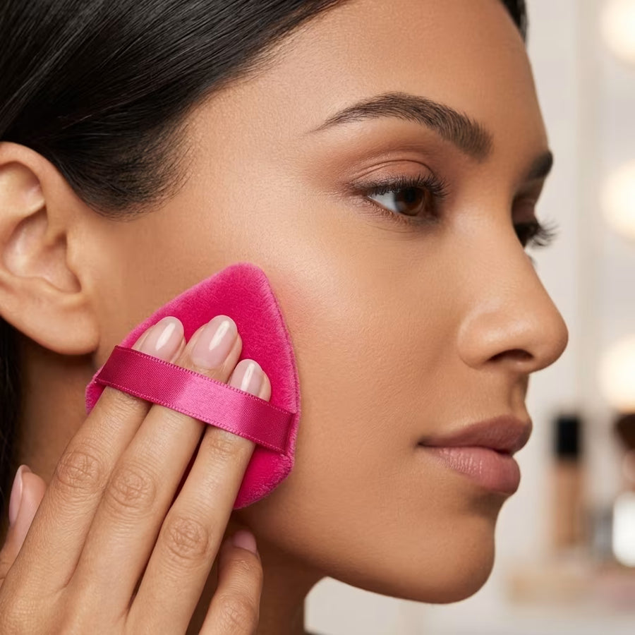 woman using hot pink powder puff to blender makeup product and achieving flawless looks 