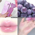Collage of a pink lip gloss with grape theme, grapes, and close-up of lips and hand with gloss.