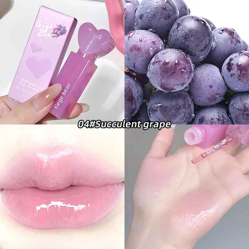 Collage of a pink lip gloss with grape theme, grapes, and close-up of lips and hand with gloss.