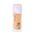 Maybelline Super Stay foundation bottle with beige shade and purple cap on white background