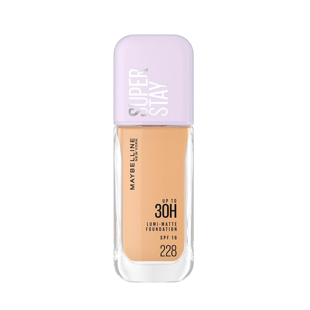 Maybelline Super Stay foundation bottle with beige shade and purple cap on white background