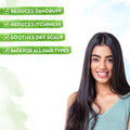 Woman with long hair smiling next to text highlighting product benefits on a light blue background