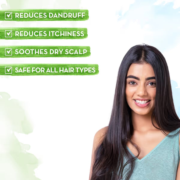 Woman with long hair smiling next to text highlighting product benefits on a light blue background