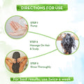 Directions for use with steps to pump, massage on hair and scalp, and rinse thoroughly.