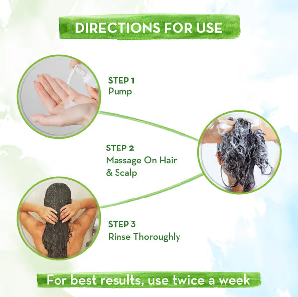 Directions for use with steps to pump, massage on hair and scalp, and rinse thoroughly.
