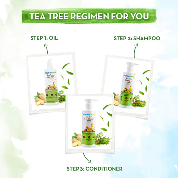 Tea tree oil regimen with shampoo and conditioner bottles on a white background