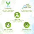Certification badges for cruelty-free, toxin-free, and other eco-friendly claims on a green and white background.