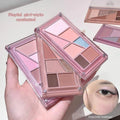 collection of nude eyeshadow palette on a hand of a lady and there are more eyeshadow in the background on a white table and a eye of a lady showing pink pigmentation 