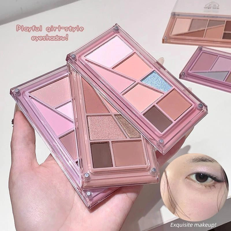 collection of nude eyeshadow palette on a hand of a lady and there are more eyeshadow in the background on a white table and a eye of a lady showing pink pigmentation 
