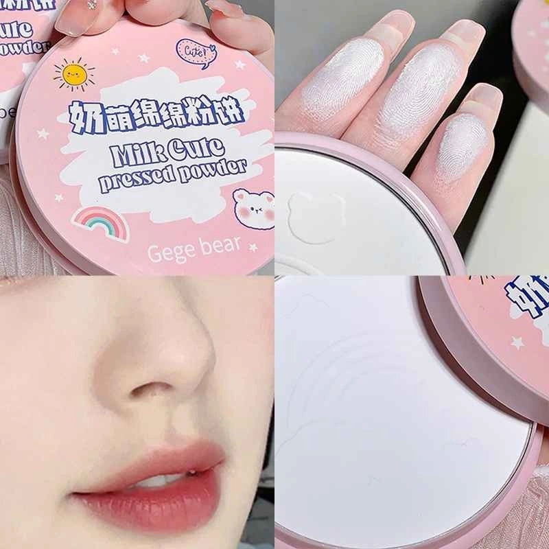 Collage of white compact powder with a mirror, showing close-ups of the powder and its application on skin.