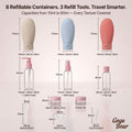 11 pieces of multicolor gege bear cosmetic travel containers clearly showing dimension of each bottles on a light pink background 