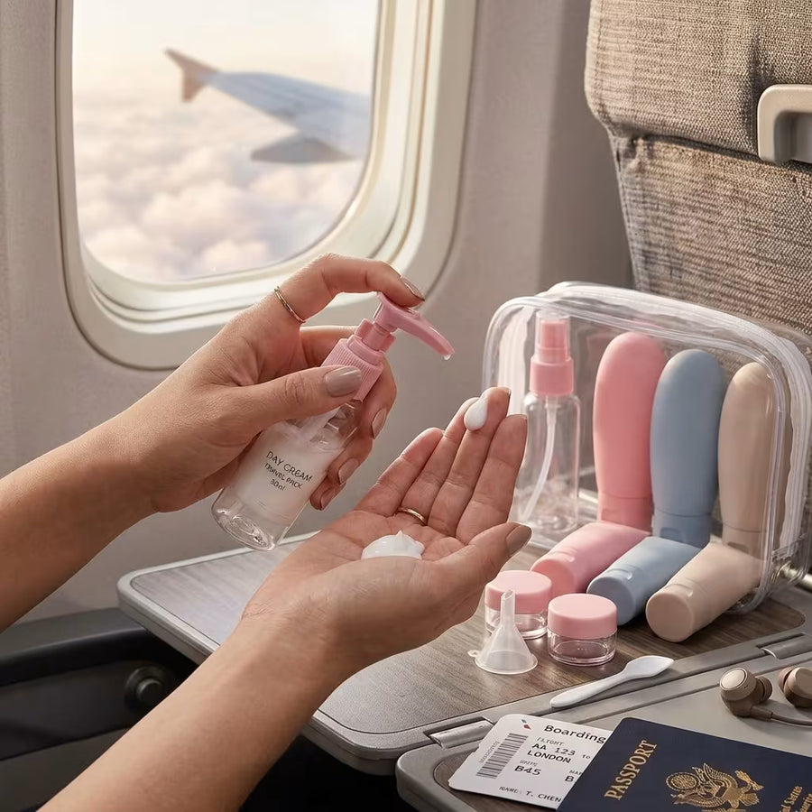 a girl on a plan using lotion on her hand pumping out from the travel bottle infrom of her lies passport and rest of the tubes on a plastic organizer 
