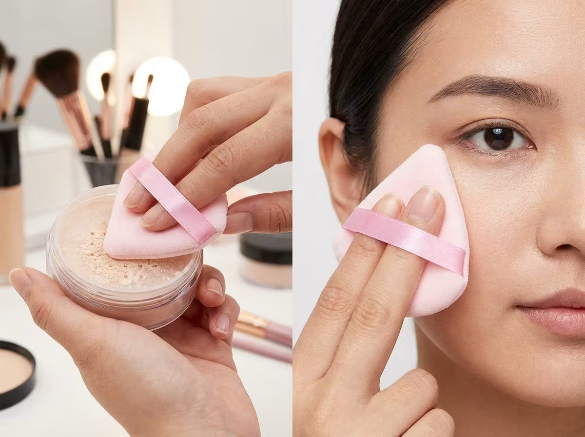 a girls using loose powder on her face with the help of powder puff in baby pink color on her cheek area 
