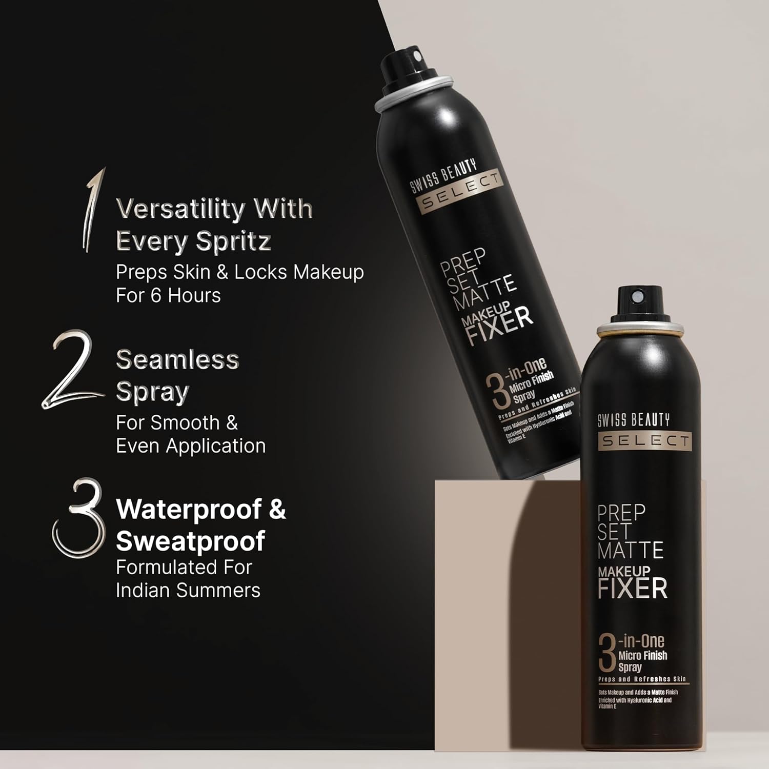 Black and white back ground of photo with two bottle of setting spray and large text.