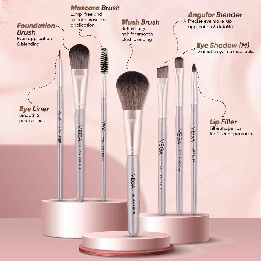 Set of Vega makeup brushes with product names and descriptions on a pink background