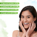 Woman with a radiant smile with text highlighting skin care benefits on a light green background