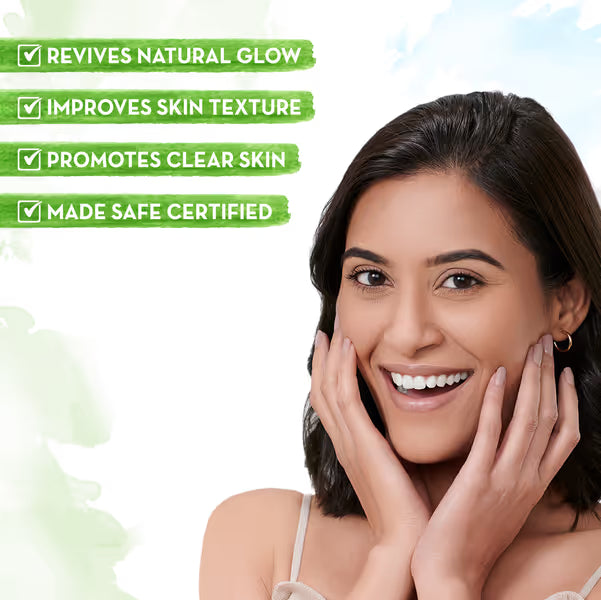 Woman with a radiant smile with text highlighting skin care benefits on a light green background