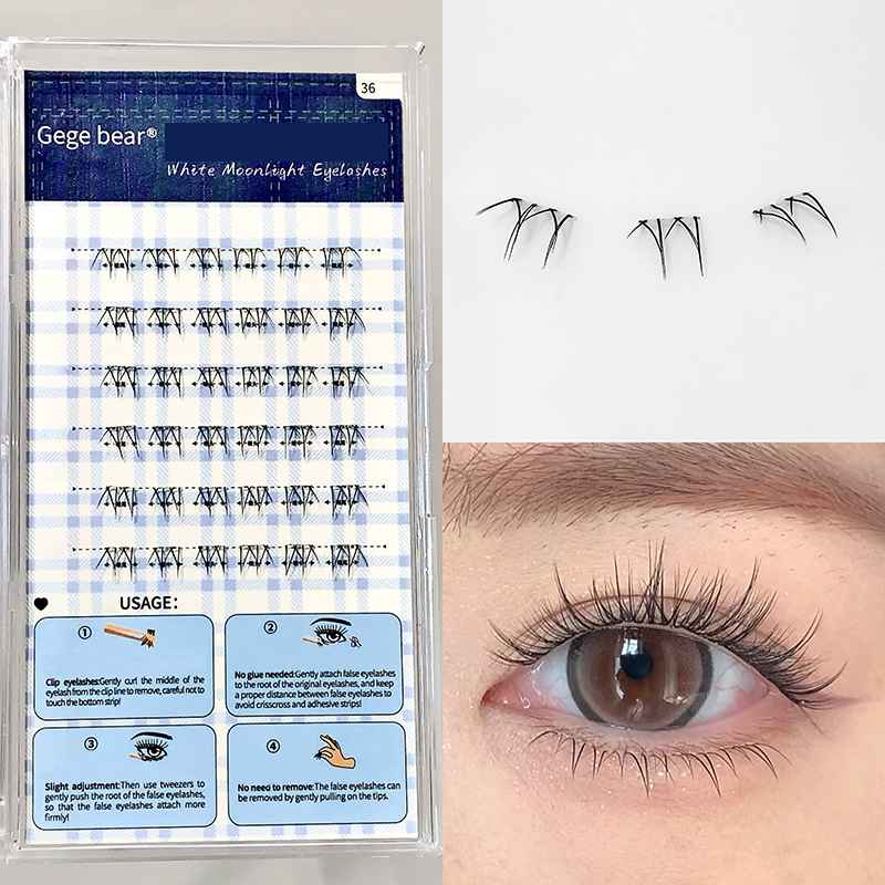 Eyelash packaging with usage instructions and a close-up of an eye wearing the eyelashes.