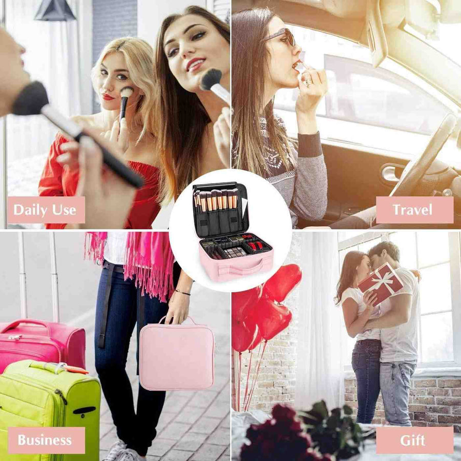 Collage of a makeup case with lifestyle images of people using it for daily use, travel, business, and gift purposes.