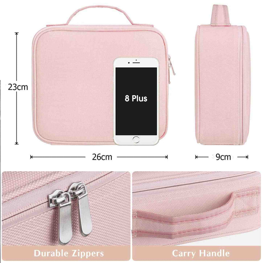 Pink travel case with phone for scale, dimensions, zippers, and handle shown.