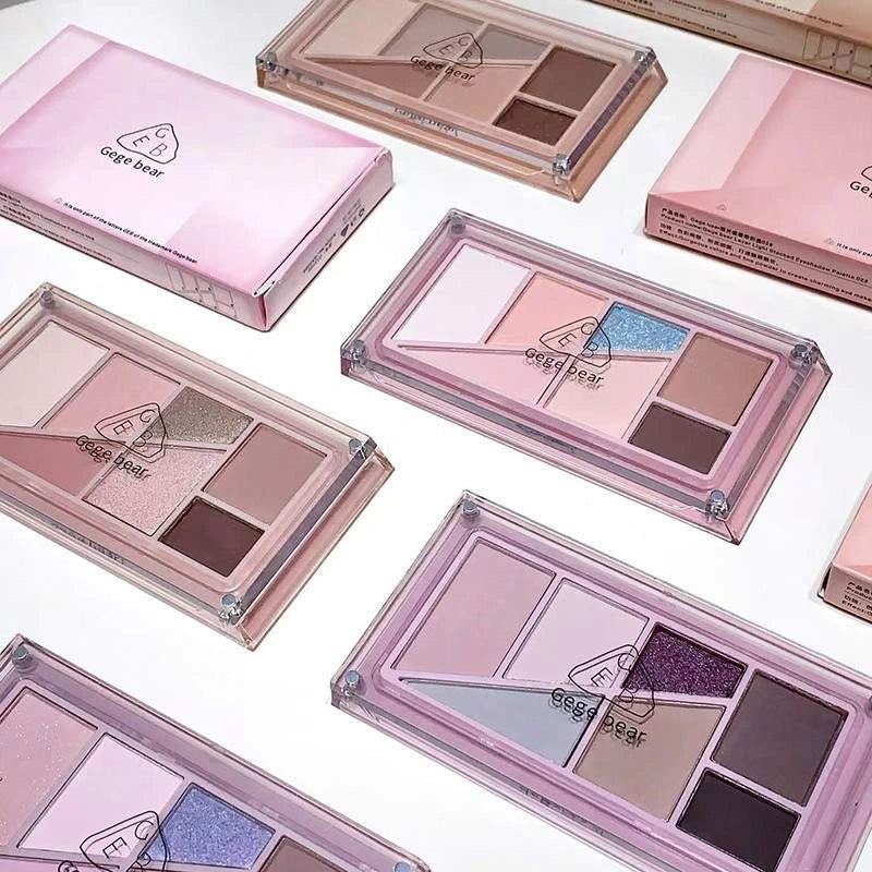 Makeup palettes with 'Gege Bear' branding on a white background