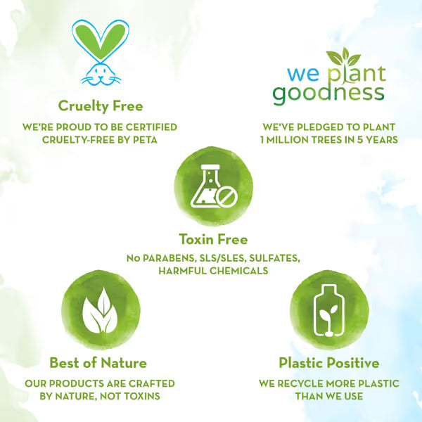 Certification badges for cruelty-free, toxin-free, and other eco-friendly claims on a green and white background.