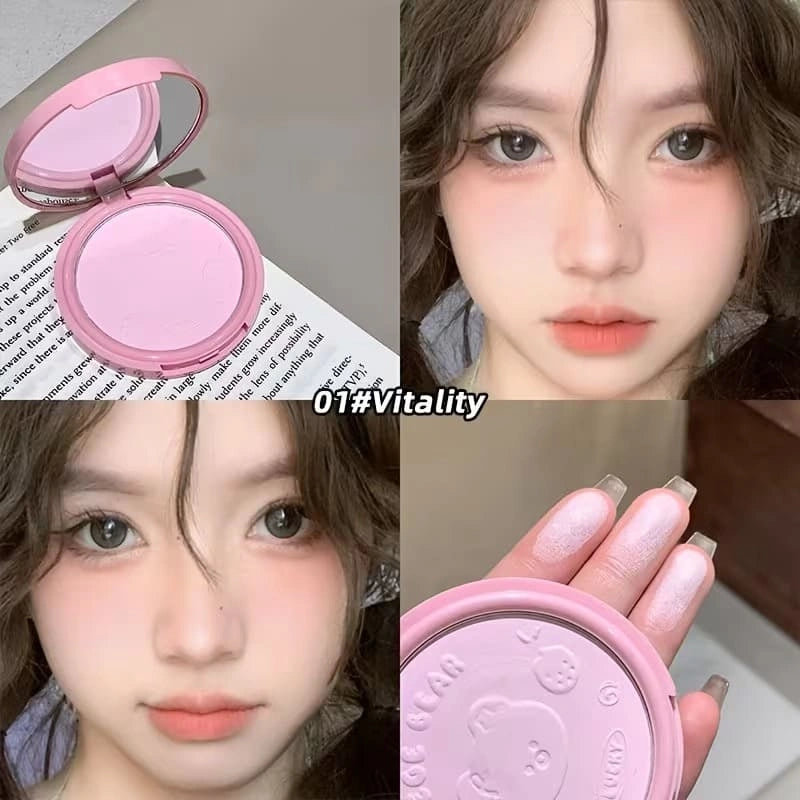 Collage of a pink compact powder case with close-ups of a person wearing it and holding the case.
