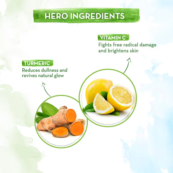 Hero ingredients with turmeric, lemon, and vitamin C on a light background