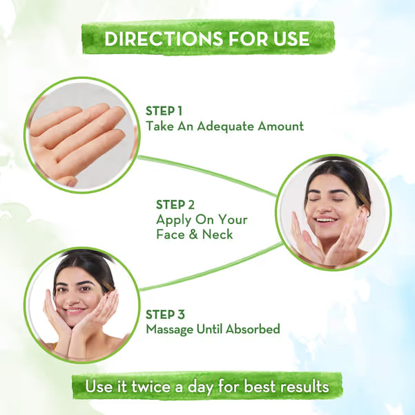 Step-by-step guide for using a skincare product with images of hands and a woman applying it.