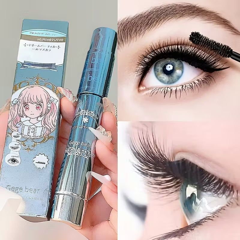 black mascara with packaging, close-up of eye with mascara, and close-up of lashes.