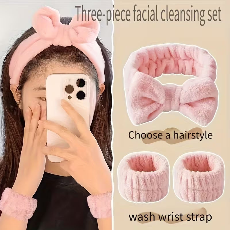 wash wrist straps and headband in a baby pink color and a girl putting it on whilte using a phone 