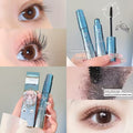 Collage of images showing a mascara product with close-ups of an eye wearing the mascara.