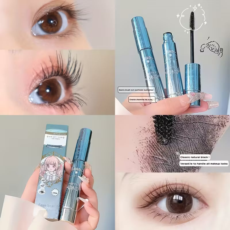 Collage of images showing a mascara product with close-ups of an eye wearing the mascara.