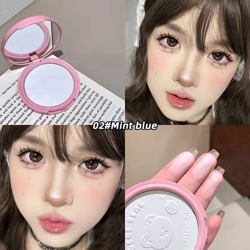 Collage of a white setting powder close-up of makeup application, and a person holding the mirror.