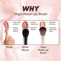 Comparison chart showing the effectiveness of Vega makeup brushes compared to a finger and other brand brushes.