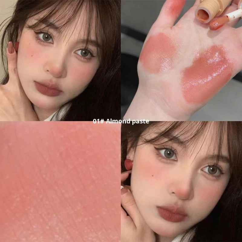 Collage of a woman's face with blush color swatch and application on skin.
