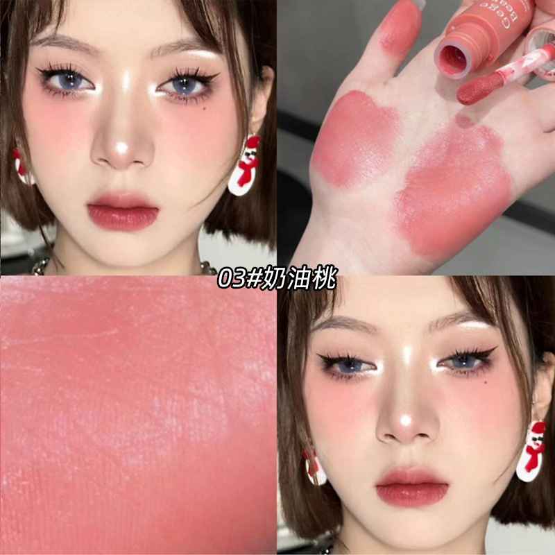 Blush swatch, close-up of blush, and a person wearing the blush.