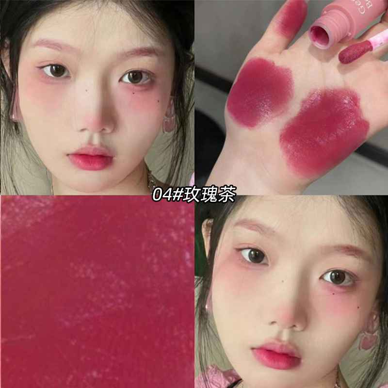 Collage of a person wearing pink blush, blush swatches on skin, and close-up of the blush color.