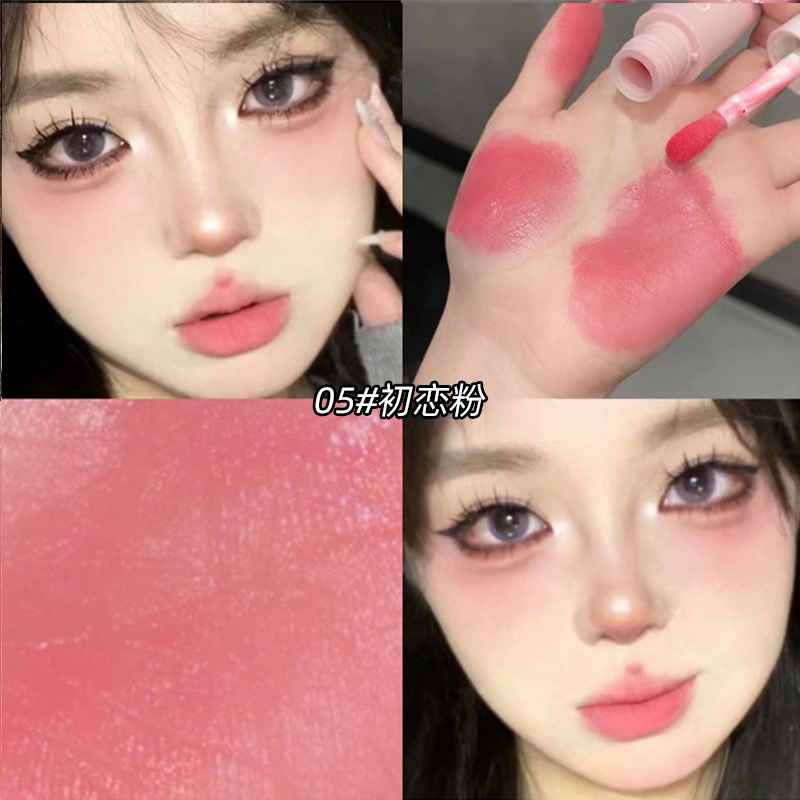 Makeup blush with swatches and application on a person's face.