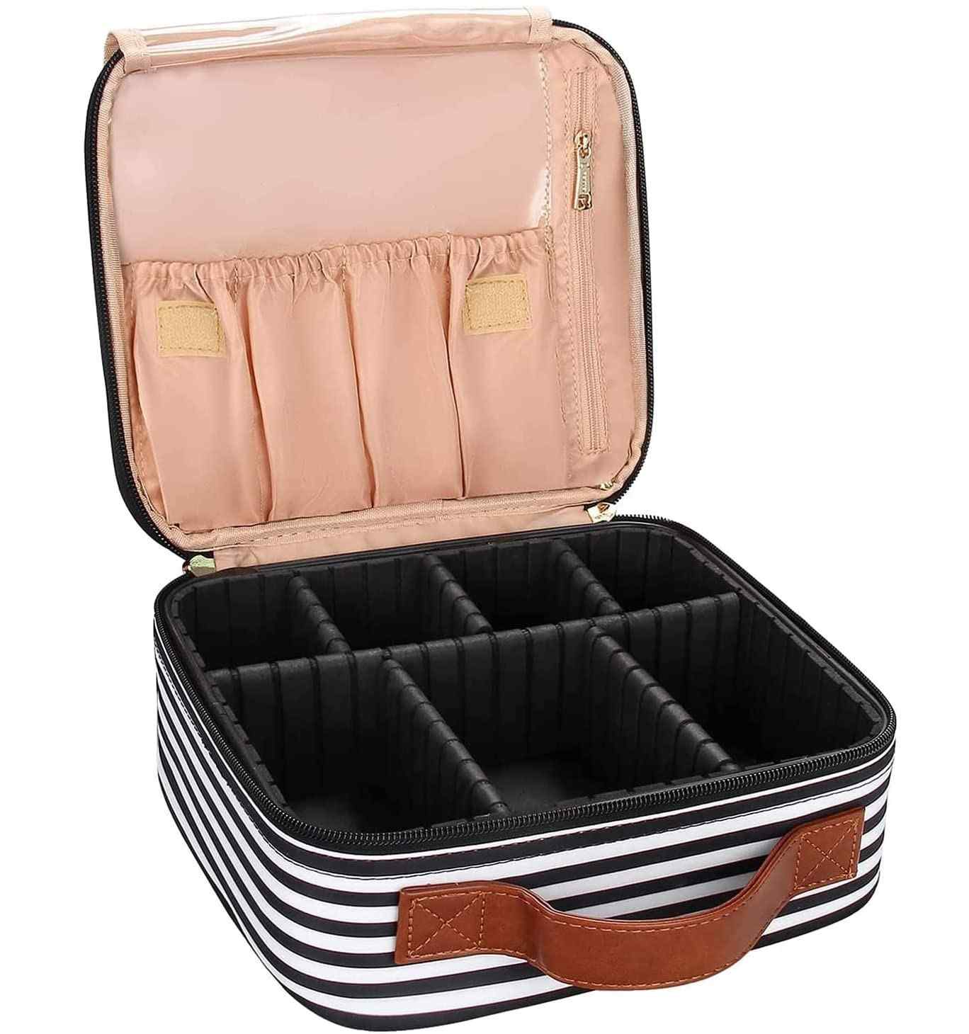 Striped jewelry case with open lid showing interior compartments on a white background